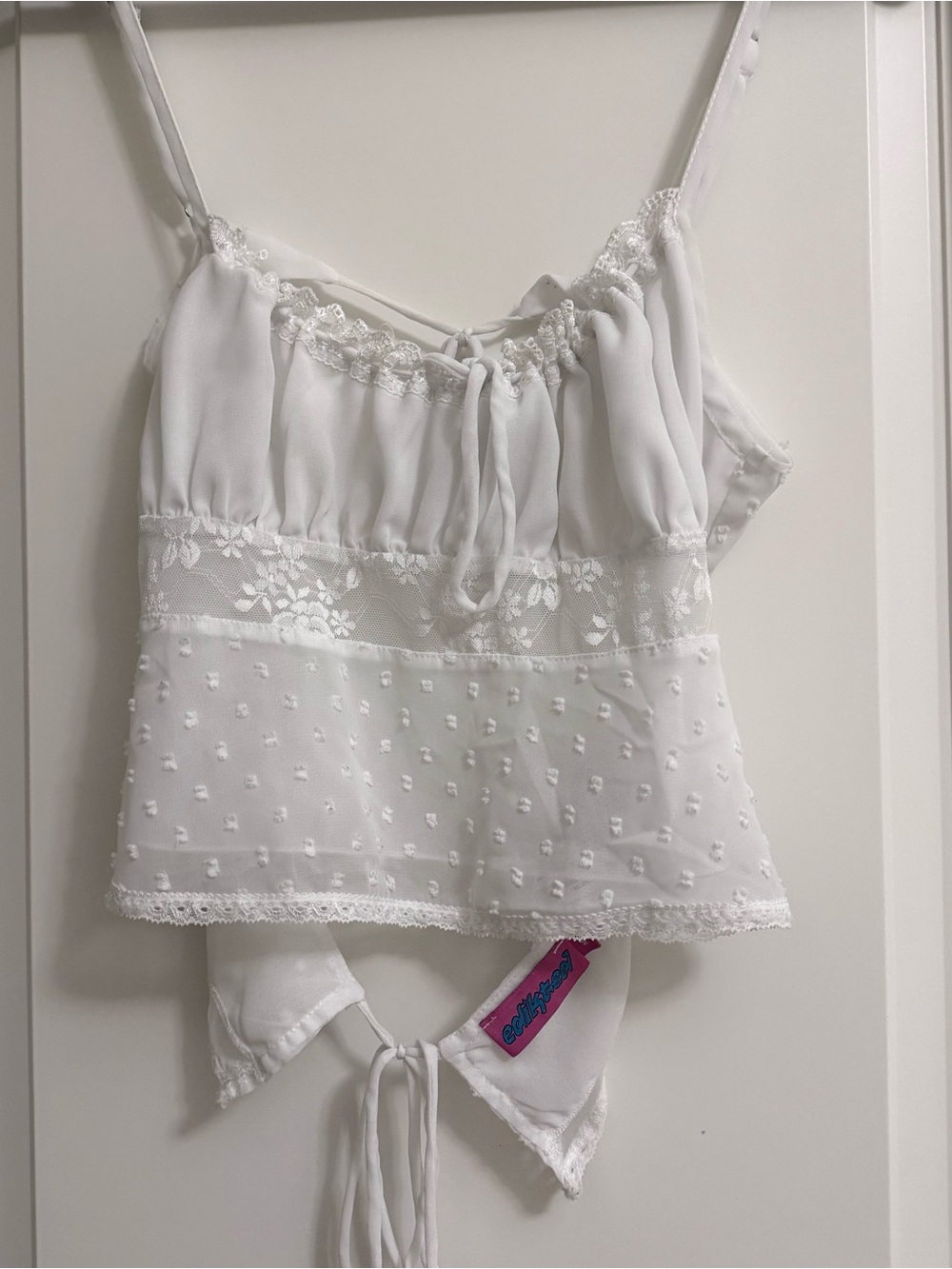 Edikted white top w/ open tie back & floral details